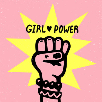 Girl power movement. Doodle style Girl portraits and feminist slogan grl pwr on white background. Feminist movement, protest action, girl power. Vector illustration.