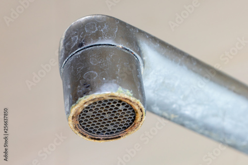 Dirty Faucet Aerator With Limescale Calcified Shower Water Tap