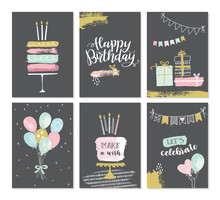 Set Of Birthday Greeting Cards Design In Hand Drawn Grungy Style. Vector Illustration For Cards, Invitations, Posters. 