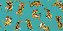 Vector Seamless Pattern With Cute Tigers On Background. Fashionable Fabric Design.