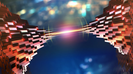 Aufkleber - Blockchain. Quantum computer architecture. Fantastic cyberspace technology of the future. Secure digital data stream. 3D illustration of information blocks connected by a laser beam