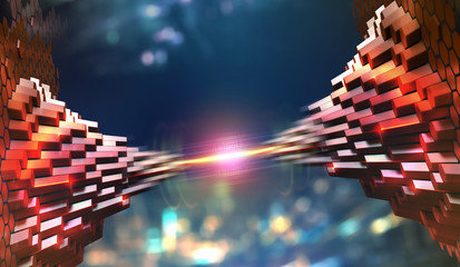 Aufkleber - Blockchain. Quantum computer architecture. Fantastic cyberspace technology of the future. Secure digital data stream. 3D illustration of information blocks connected by a laser beam