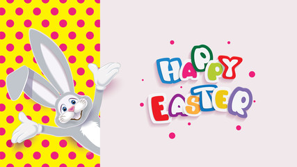 Wall Mural - Cute gray Easter Bunny on a dotted pop art style background next to light signboard with text -Happy Easter-