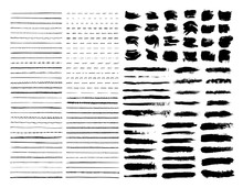 Mega Pack Vector Brushes,strokes And Spots. Set Of Templates Paint Wavy, Curly, Dotted, Straight And Zigzag Hand Drawing Marker Lines