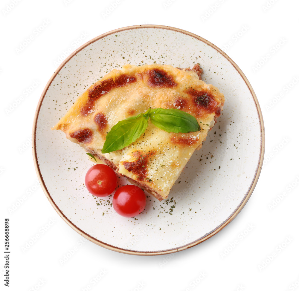 Plate with tasty baked lasagna on white background
