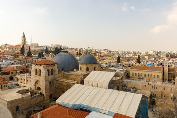 Wall Mural - Wide view from top on two domes and belfry of the Church of the Holy Sepulchre in Jerusalem