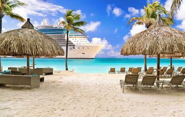 Wall Mural - View from tropical beach on cruise ship sailing to port 