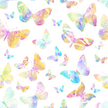 Seamless Pattern Of Colored Tropical Butterflies Isolated On White Background