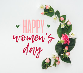 Wall Mural - top view of composition with green leaves, rose and chrysanthemums on white background with happy womens day illustration