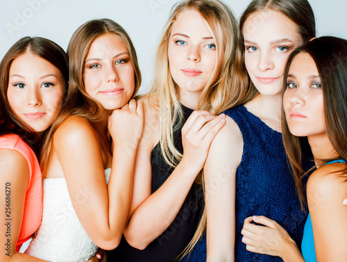 Many Girlfriends Hugging Celebration On White Background - 