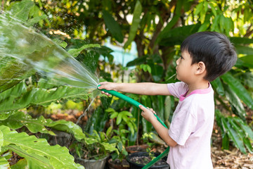 Children are watering plants with rubber hose in the garden.