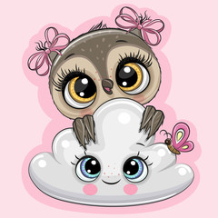 Sticker - Cartoon Owl with cloud on a pink background