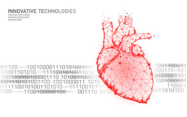 Wall Mural - Healthy human heart beats 3d medicine model low poly. Triangle connected dots glow point red background. Pulse internal body modern anatomical shape innovative technology render vector illustration