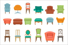 Collection Of Different Types Seating. Armchairs, Chairs, Poufs. Comfortable Furniture. Elements For Modern Home Interior. Colorful Flat Vector Icons