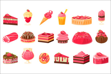 Canvas Print - Pink sweets and desserts big set, cupcakes, ice cream, cakes with strawberry flavor vector illustration