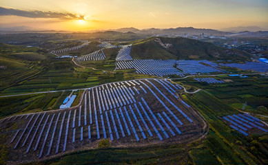 Wall Mural - Aerial photo of solar photovoltaic panel scene in the sunset