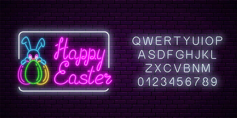 Wall Mural - Glowing neon sign of easter bunny with eggs and greeting text with alphabet. Night greeting banner with easter rabbit.