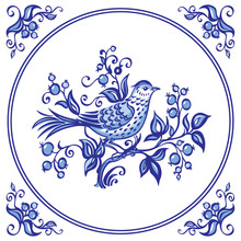Bird On The Bush With Berries, Decor Or Painting In The Dutch Style, Pattern For Tiles And Other Designs.