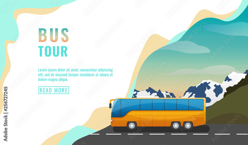 Landing page design, banner with bus tour, tourism concept, yellow bus ...