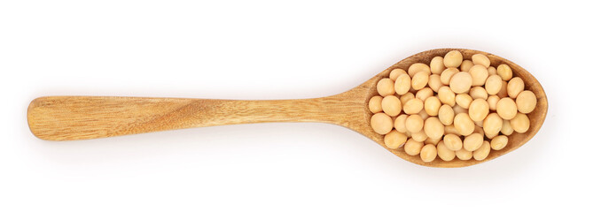 Wall Mural - soybeans in wooden spoon isolated on white background top view