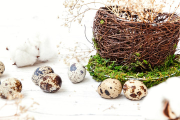 Easter decoration with egg in nest cup on white wooden background. Easter concept. Flat lay top view copy space. Spring greeting card