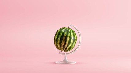 Wall Mural - Water melon turn around Mimicry minimal idea concept on pastel pink background. 3D Animation