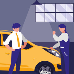 Poster - mechanic worker with car and client