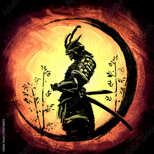 Fototapeta Samurai stands circled in an ink circle on a bright yellow background