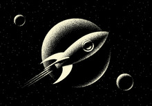 Space Landscape With Scenic View On Planet, Rocket And Stars Made With Retro Styled Dotwork