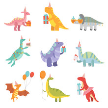 Collection Of Cute Dinosaurs In Party Hats With Gift Boxes, Funny Blue Dino Characters, Happy Birthday Party Design Elements Vector Illustration