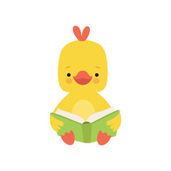 Sticker - Cute Chicken Reading Book, Adorable Smart Bird Character Sitting with Book Vector Illustration