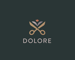 Scissors leaf logotype. Flower barber, landscape vector logo.