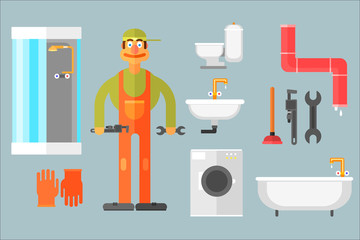 Canvas Print - Flat vector set with plumber, tools for repair and sanitary engineering. Worker, toilet, sink, bath, shower, washing machine, gloves, pipe, plunger, wrench