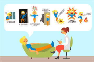 Sticker - Woman talking with psychotherapist about problems and phobias depression, achluophobia, nomophobia, paranoia, entomophobia, hysteria, pyrophobia. Flat vector design