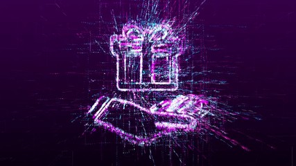 Wall Mural - digital animation of a gift sign. hand with box in the virtual space of the future.