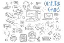 Set Of Doodle Vector Icons Related To Computer Games. Joysticks, Gaming Controllers, Computer And Laptop. Gamer In Virtual Reality Glasses. Electronic Devices