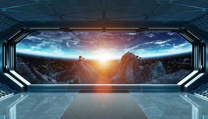 Dark blue spaceship futuristic interior with window view on space and planets 3d rendering