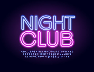 Sticker - Vector illuminated emblem Night Club with modern glowing Alphabet. Neon trendy Font. Violet Letters, Numbers and Symbols