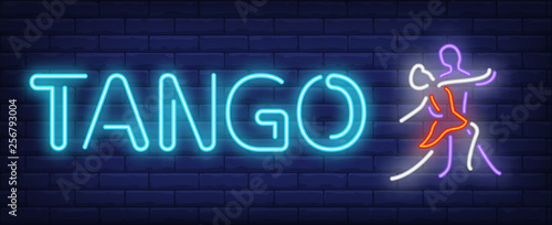 Tango neon text with dancers couple dancing Принти на полотні