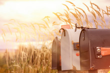 Retro Mail Boxes Against Long Grass Background
