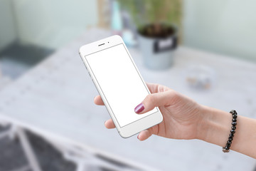 Aufkleber - Woman holding white phone and touch isolated screen. Tehnology concept for app or web site design presentation.