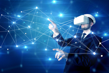 businessman in virtual reality goggles investigate global network connectivity concept