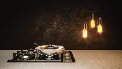 The new frying pan on the black glass cooking plate in the black loft interior with a Adison bulbs