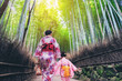© Summit Art Creations - Kyoto, Japan Culture Travel - Asian traveler wearing traditional Japanese kimono walking in Arashiyama Bamboo Forest Grove in the old town of Kyoto, Japan.