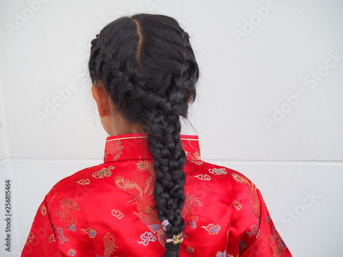 Chinese Girl With Her Braid Hair From Back Side Buy This Stock