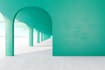 Green architectural corridor with empty wall, concrete floor, horizon line. 3d render illustration mock up