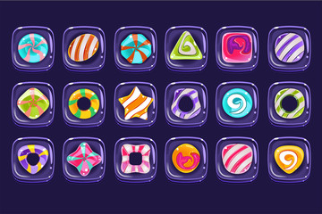 Sticker - Vector set of colorful candies inside transparent bubbles. Glossy sweets of various shapes. Graphic elements for computer or mobile game assets