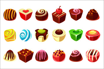 Sticker - Flat vector set of tasty candies with various filling. Delicious chocolate sweets in different shapes ball, heart, cube . Graphic design for confectionery shop