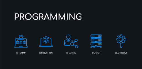 Wall Mural - 5 outline stroke blue seo tools, server, sharing, simulation, sitemap icons from programming collect