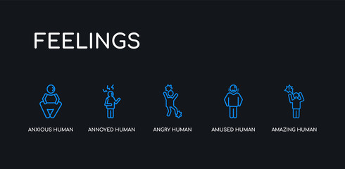  5 outline stroke blue amazing human, amused human, angry human, annoyed anxious icons from feelings collection on black background. line editable linear thin icons.